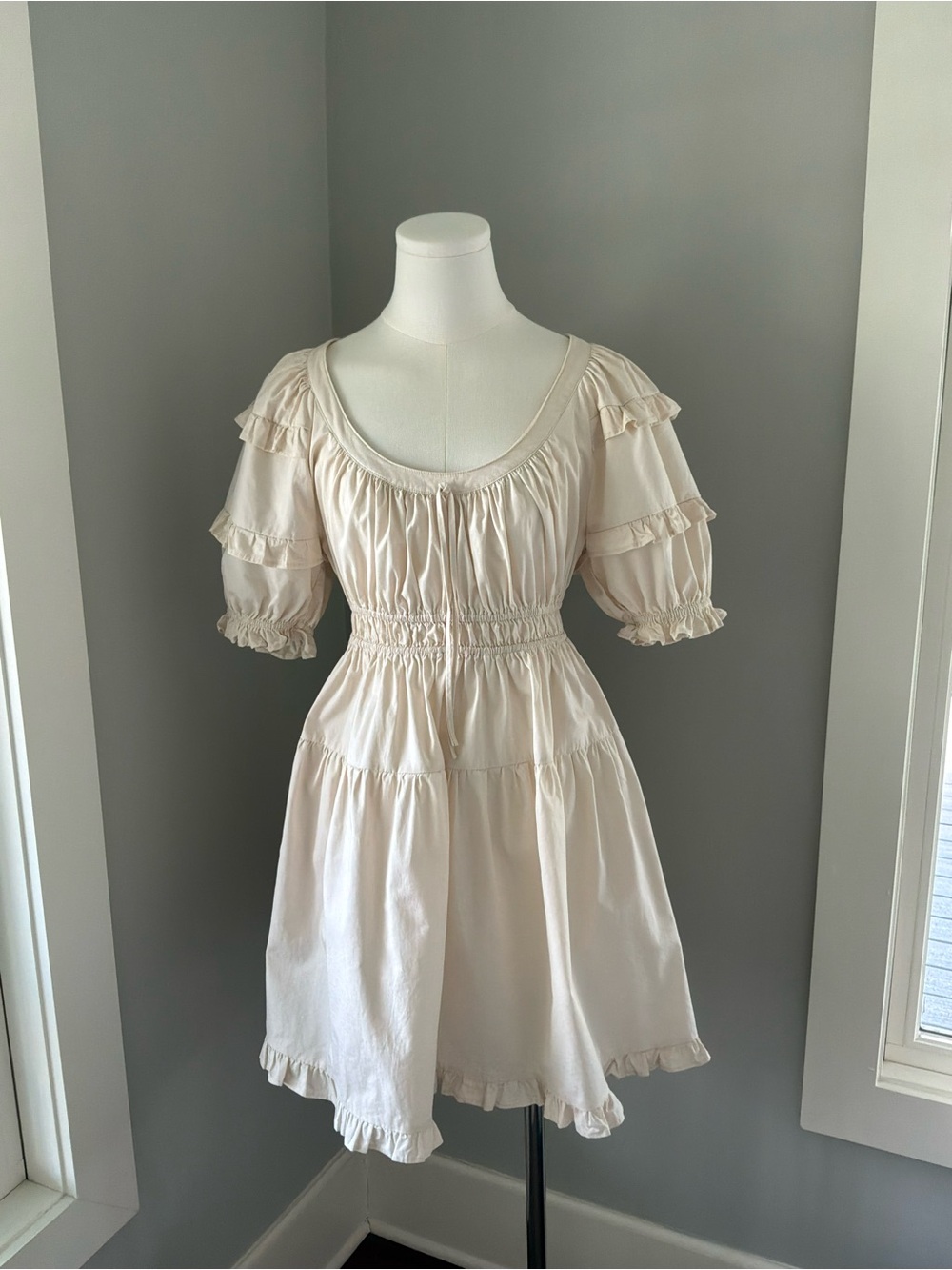 En Saison Cream Ruffle Sleeve Smocked Tiered Mini Dress | Size S
